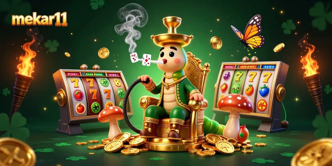 Mekar11 showcases a vibrant 3D casino scene with slot reels, golden coins, and a magical caterpillar.