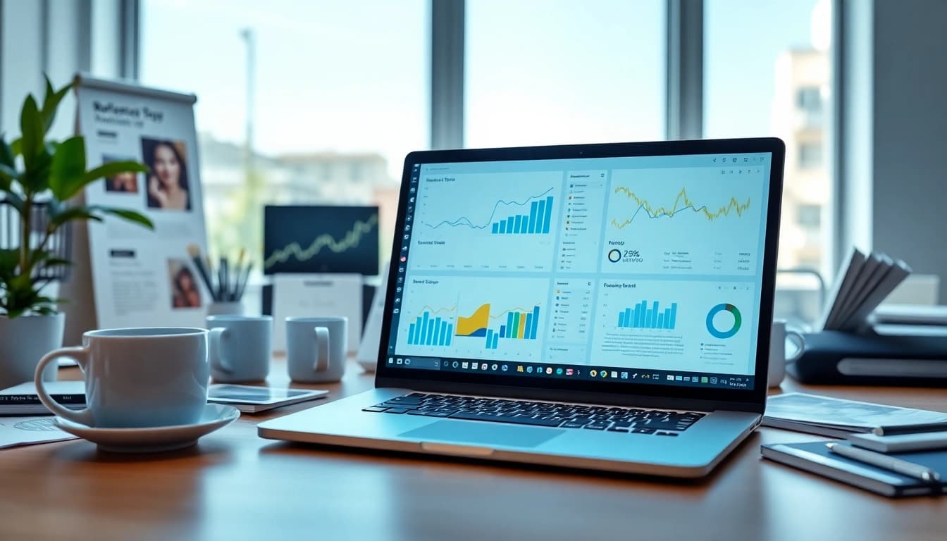 Visual representation of https://fhpts.com showcasing a digital marketing workspace with dashboards and analytics tools.