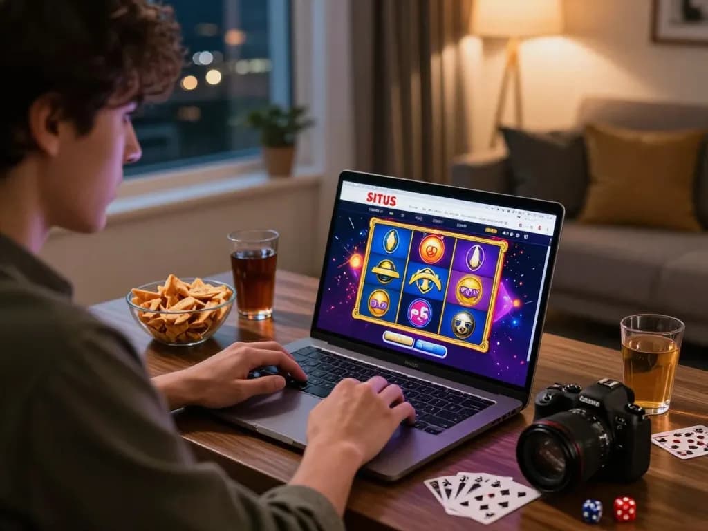Pemain menikmati permainan situs slot di laptop dengan grafis yang cerah, suasana bermain yang nyaman.