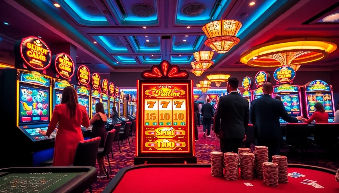Adegan menarik pemain slot pulsa deposit di mesin kasino berwarna-warni yang menonjolkan kegembiraan dan profesionalisme.