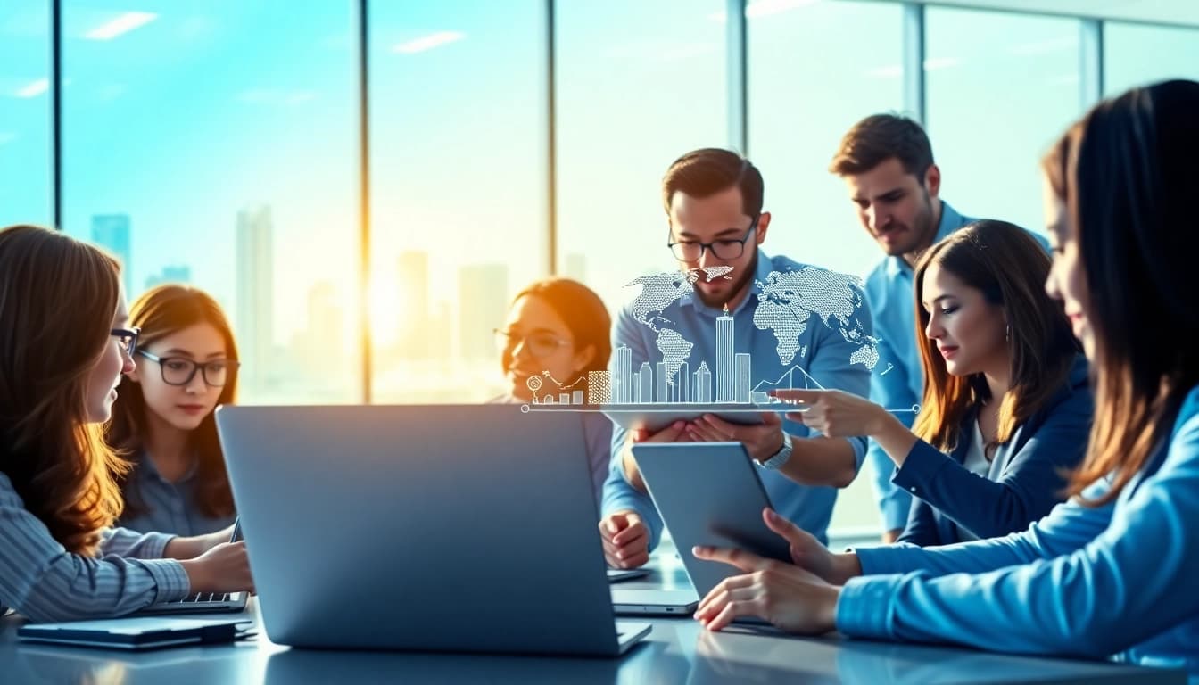 A diverse team engaging with a global business directory website, showcasing vibrant collaboration.