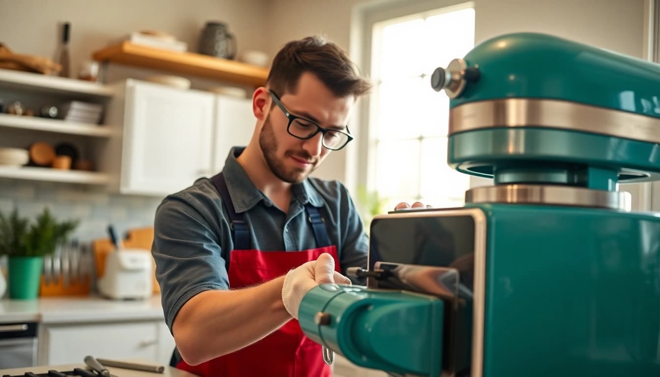 Kitchenaid appliance repair ottawa technician fixing a KitchenAid appliance in a bright kitchen.