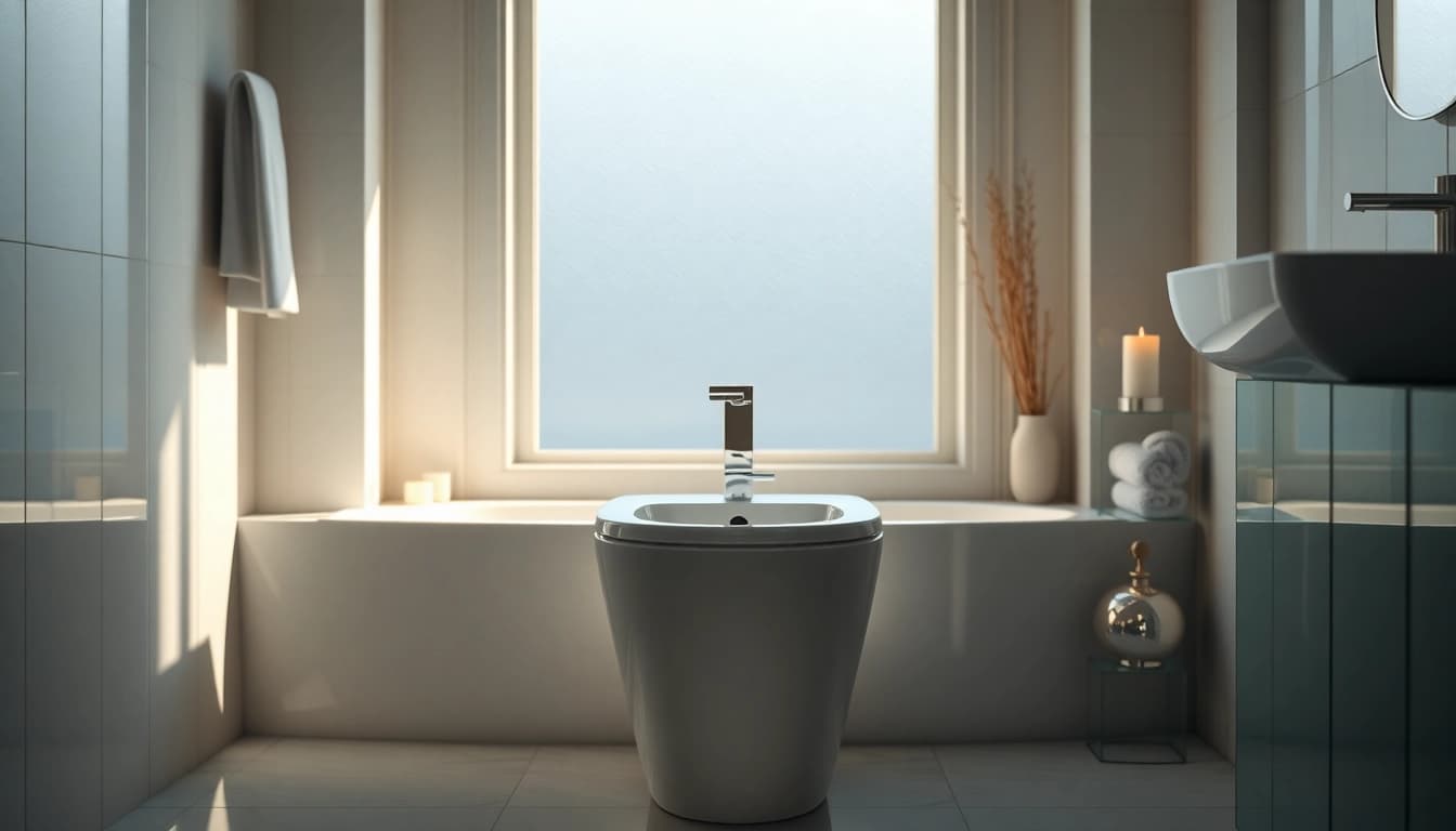Veduta di un bidet elegante in un bagno raffinato, evidenziando il design e la funzionalità del prodotto.