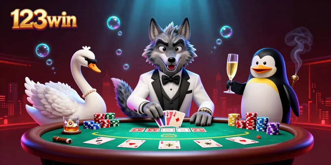 Engage with the vibrant scene at 123win, featuring a debonair wolf at a baccarat table with elegantly displayed poker elements.