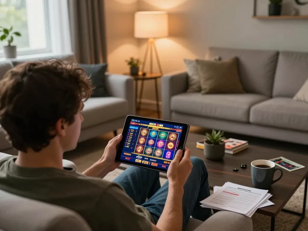 Engaged player using tablet for online casino gaming on https://uu88.agency/ with vibrant game interface and cozy home setting.