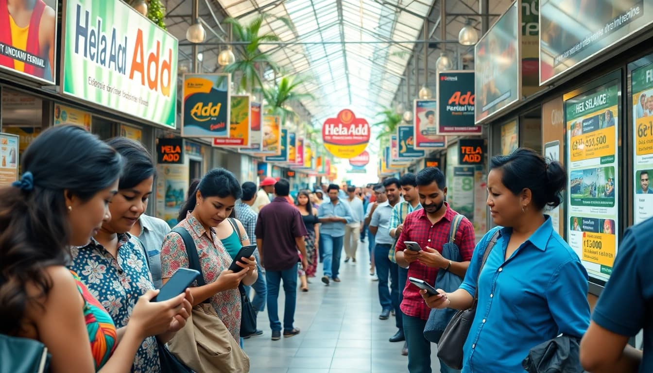 Vibrant Sri Lankan marketplace scene showcasing Hela Add advertisements and community engagement.