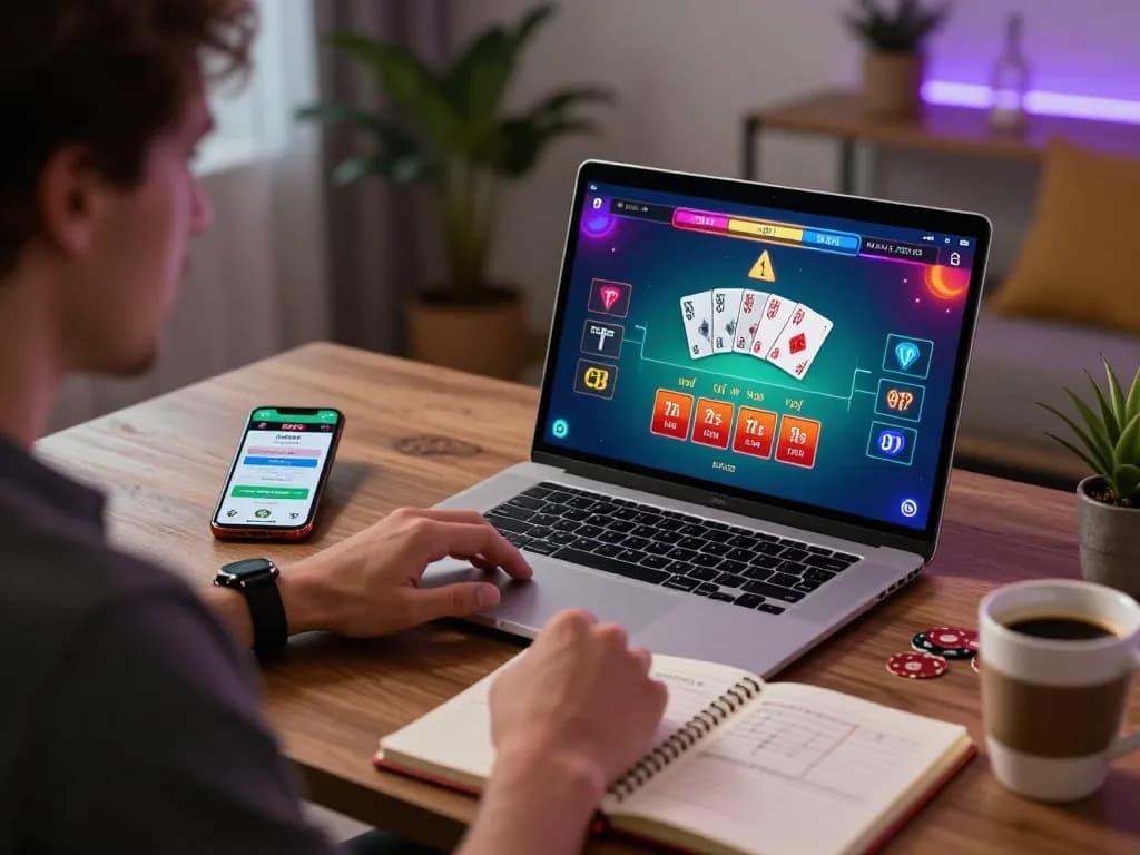 Online player enjoying open88 blackjack game on a laptop with strategic notes and smartphone nearby