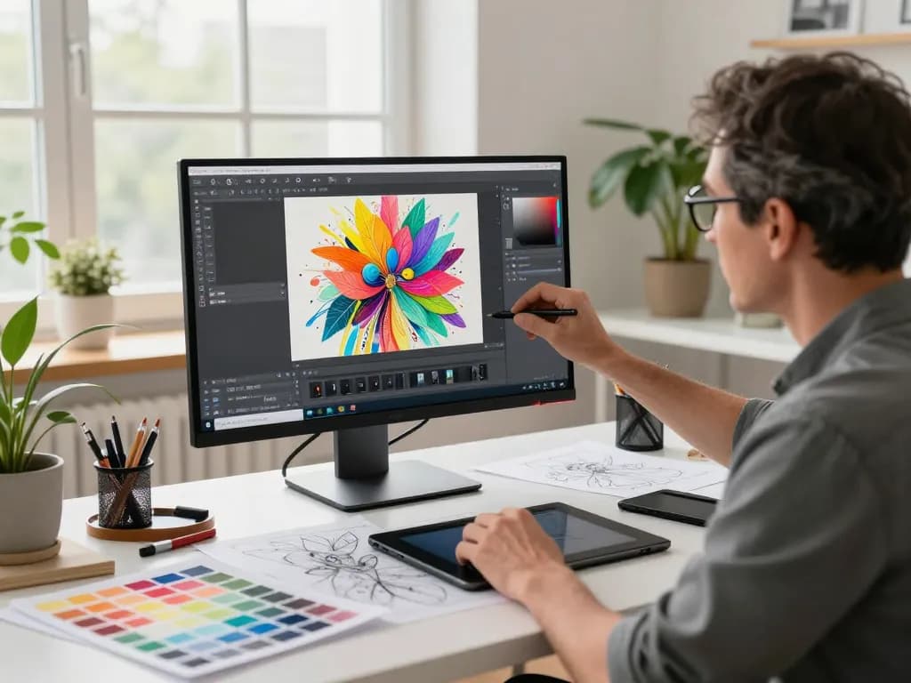 Artist using nano banana 2 for advanced image editing in a vibrant studio.