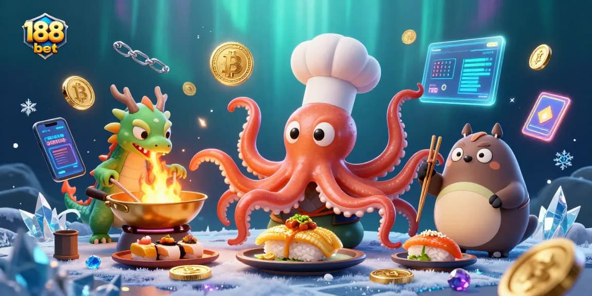 Wager on exciting games at 188bet with colorful illustrations of dragon, octopus chef, and tanuki.