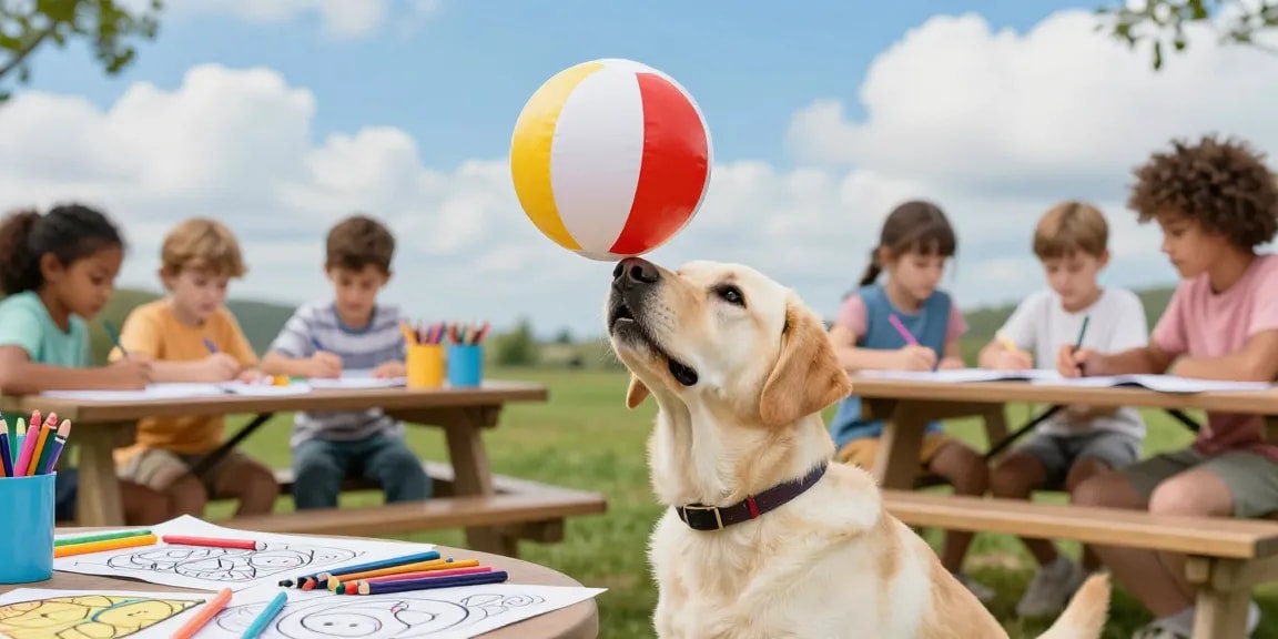 Engaging Labrador Retriever balancing a beach ball among kids enjoying cartoon character coloring pages outdoors.