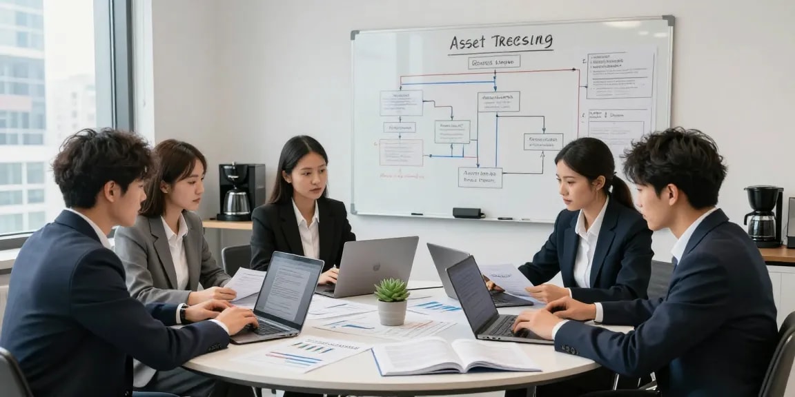 Team collaborating on asset tracing strategies in a corporate office setting, with laptops, financial documents, and charts.