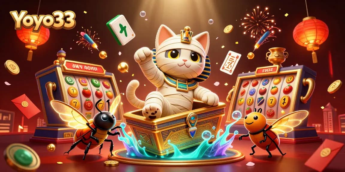 Yoyo33 captivates users with an Egyptian mummy cat in a rich casino scene, showcasing thrilling slot games.