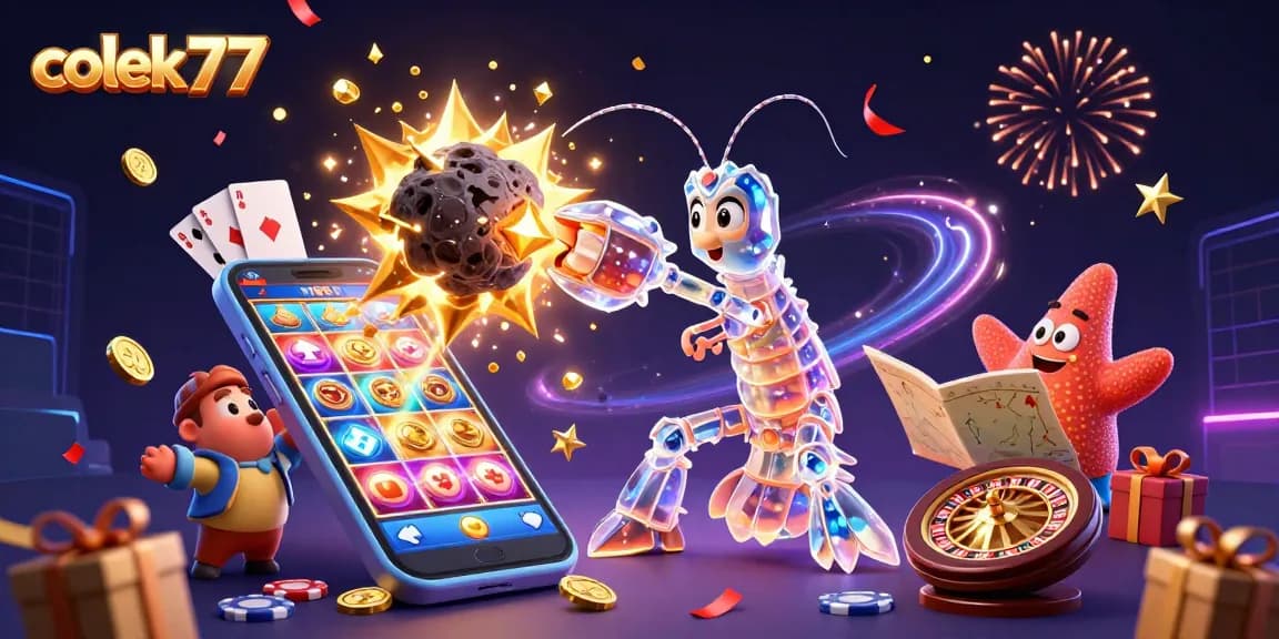 Engage in colek 77 gameplay as a vibrant galactic mantis shrimp reconstructs treasures in a casino-themed space.