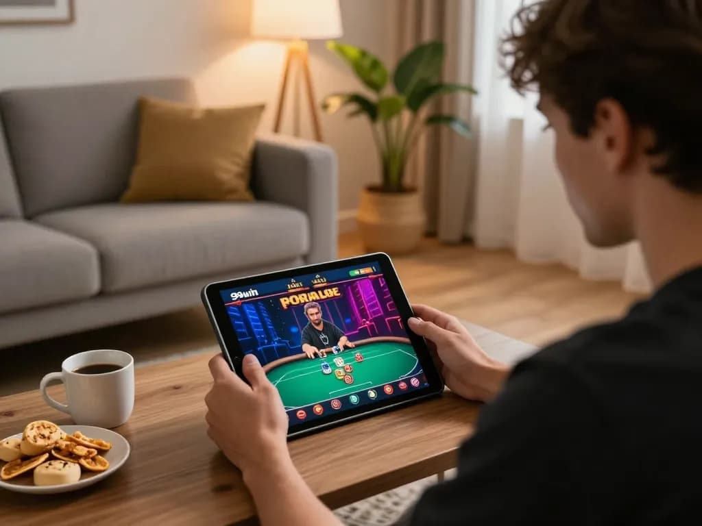 Player engaging with 99win poker game on tablet, showcasing an interactive online gaming atmosphere.