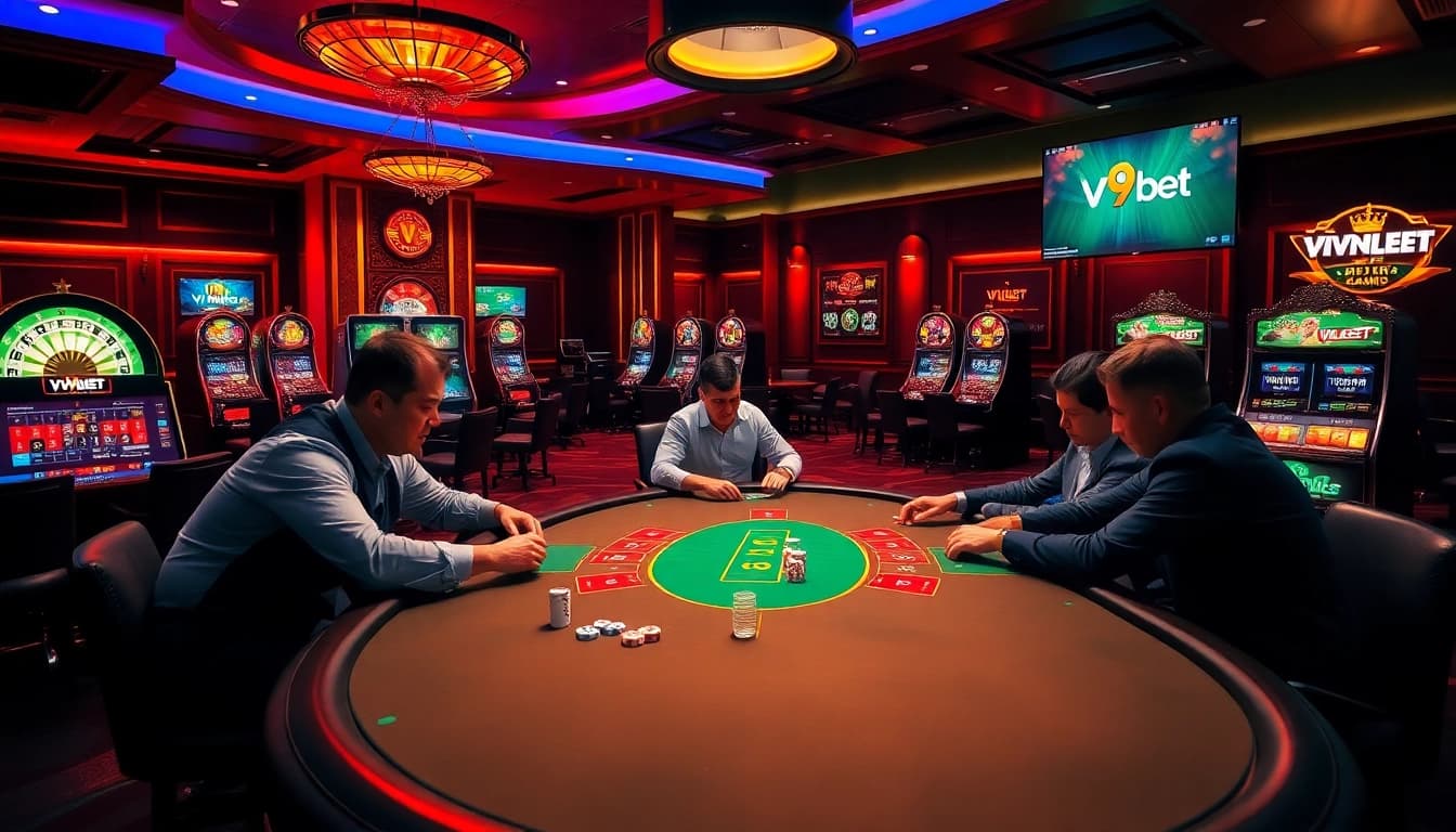 Experience excitement at V9bet's luxurious casino table with strategic poker plays.