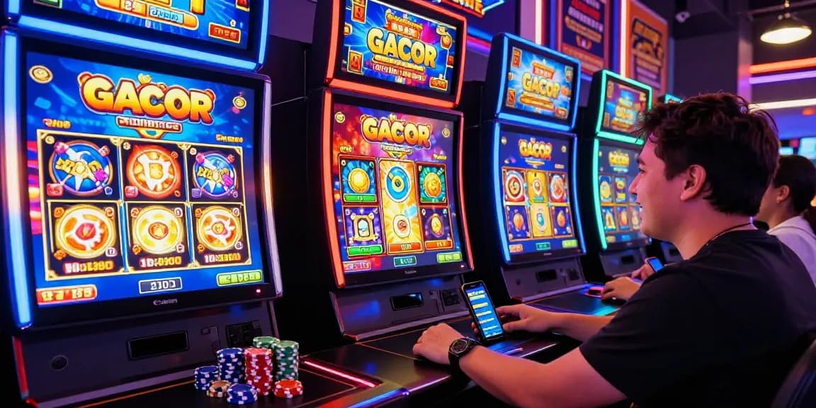 Player immersed in exciting slot gacor games at a modern gaming desk, showcasing dynamic gameplay and vibrant graphics.