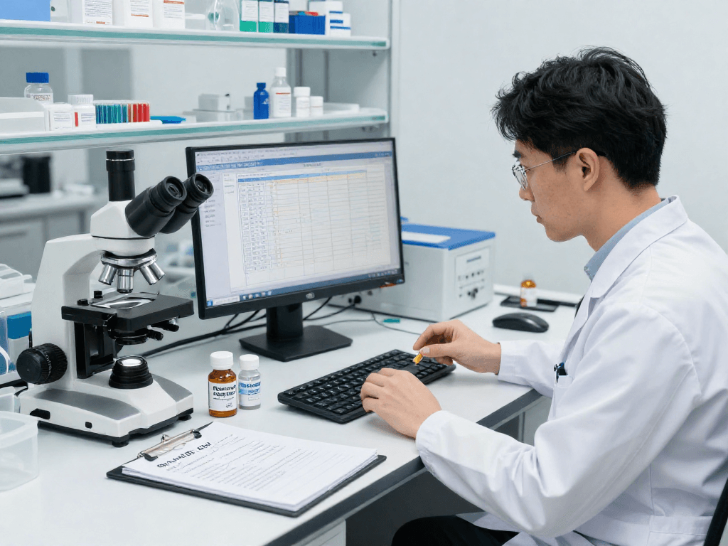 BPC 157 TB 500 Blend analyzed in a laboratory by a healthcare professional surrounded by precision compounds and research data.