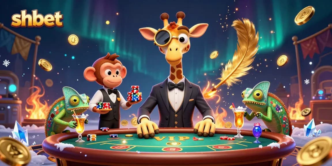 Engage in thrilling poker action with shbet's vibrant 3D illustration showcasing a high-roller giraffe and friends.