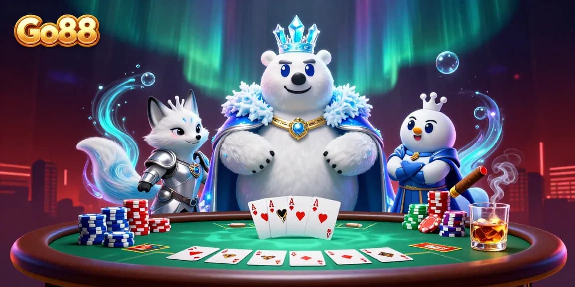 Join the Go88 adventure with the ice king polar bear and snow fox in a vibrant casino scene.