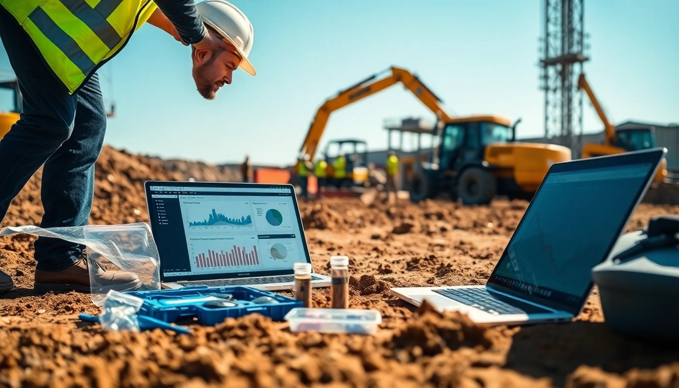 Analyzing construction assessment testing through soil sample analysis at a busy construction site.
