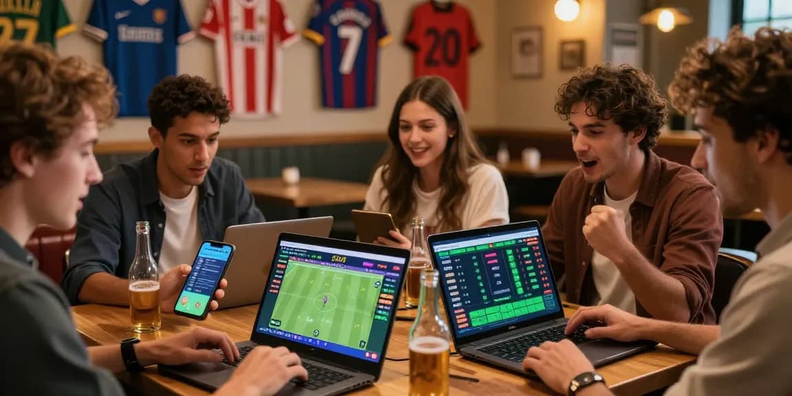 Agen Parlay Idngoal enthusiasts celebrating football matches in a lively sports bar.