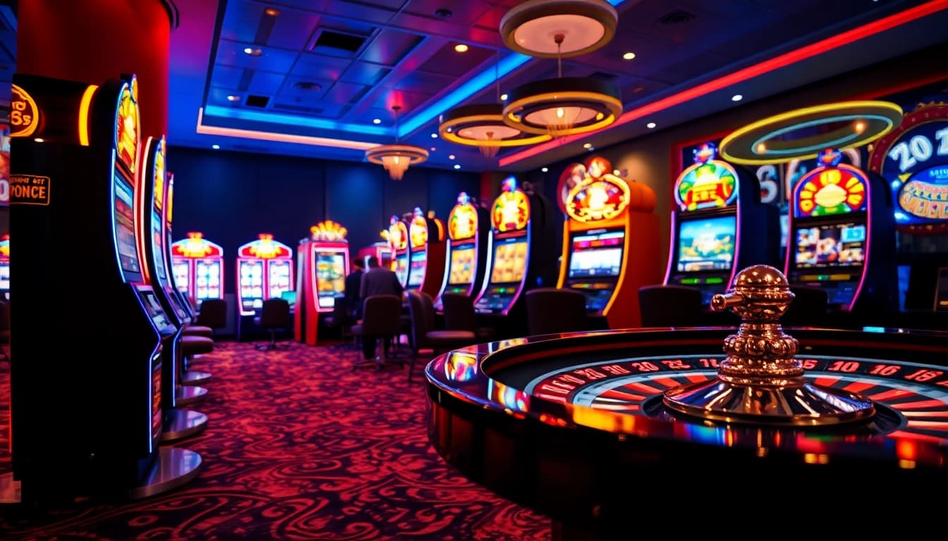 Jelajahi pgbet link di kasino yang penuh warna dengan mesin slot dan meja roulette.