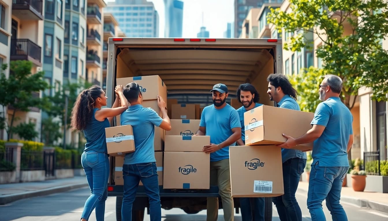 Efficient team of movers from a moving company Canada loading boxes onto a truck in an energetic urban setting.