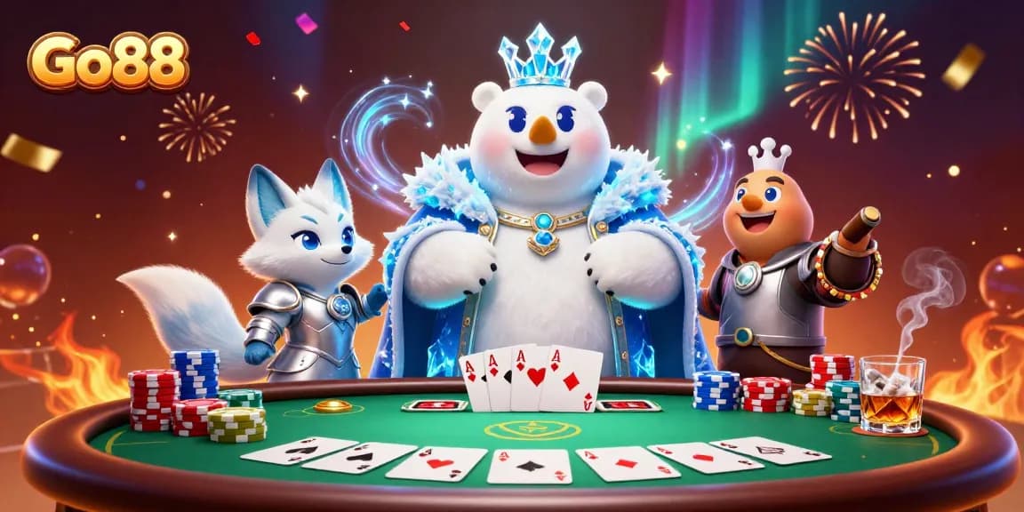 Engage with Go88's vibrant poker scene featuring a winning hand and dynamic gaming elements.