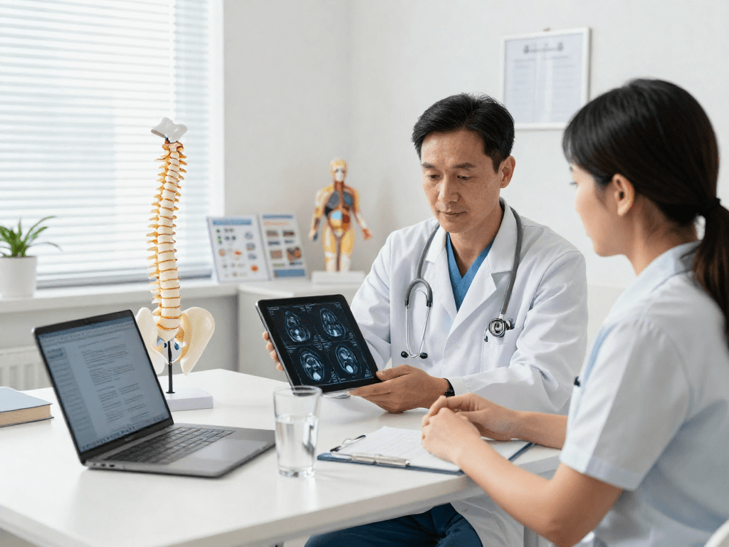 Boyun fıtığı ameliyatı discussion with patient and surgeon in a medical office