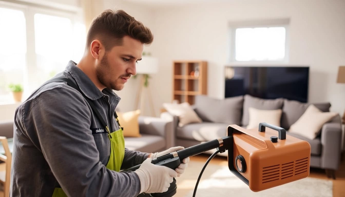 Technician conducting bed bug heat treatment in a bright home environment.