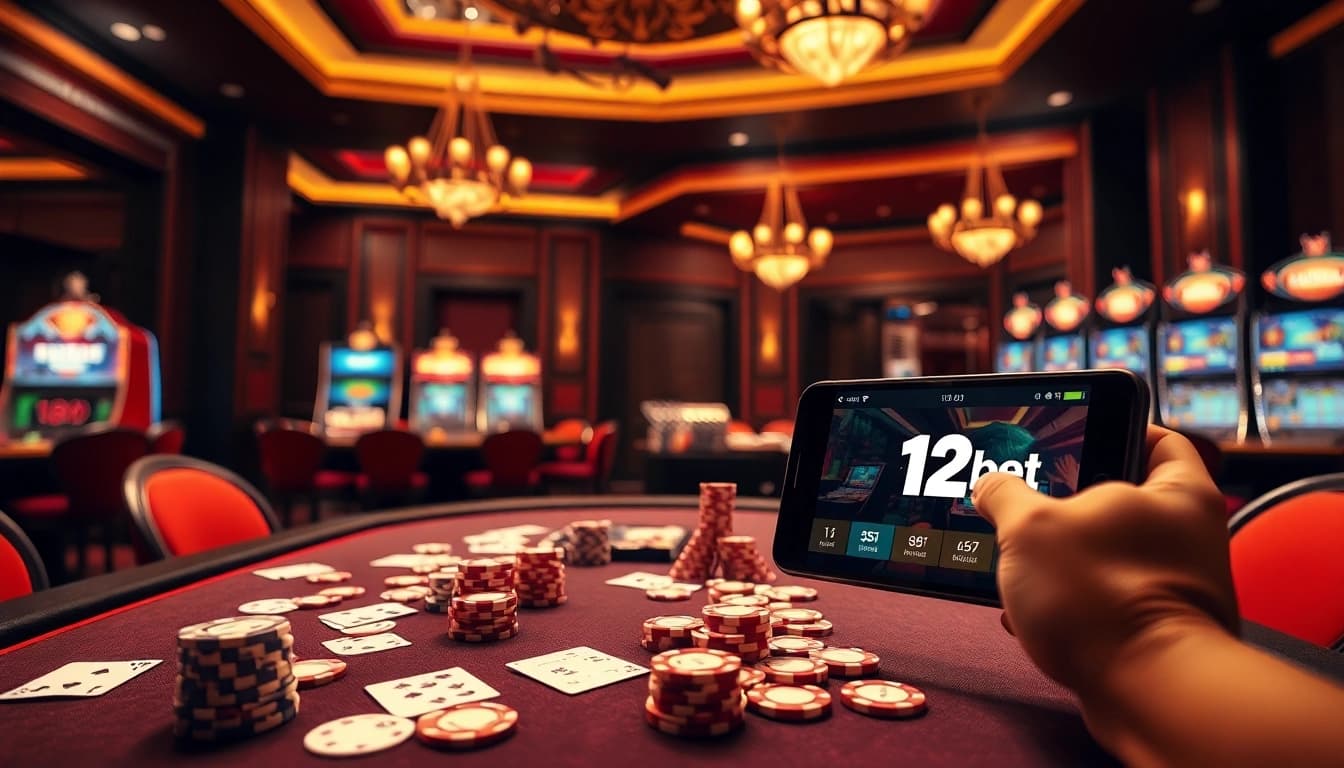 Exciting gaming experience with 12bet poker chips and a mobile interface in a vibrant casino setting.