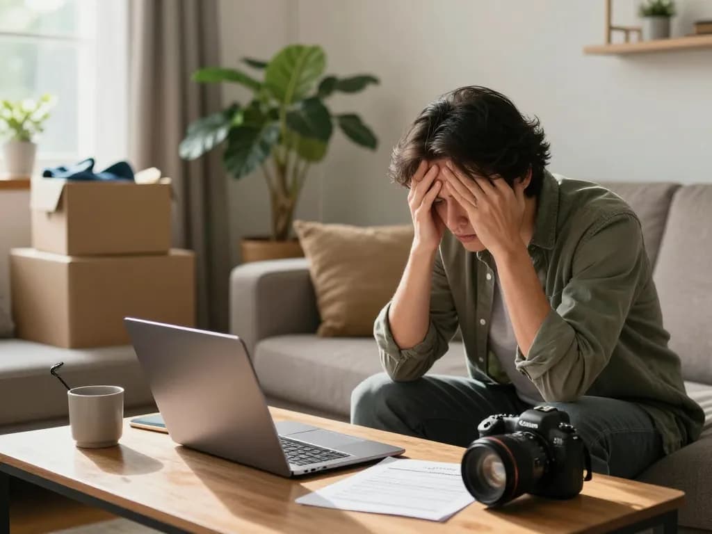Sell my home urgently with a distressed homeowner contemplating cash offers in a warm living room.