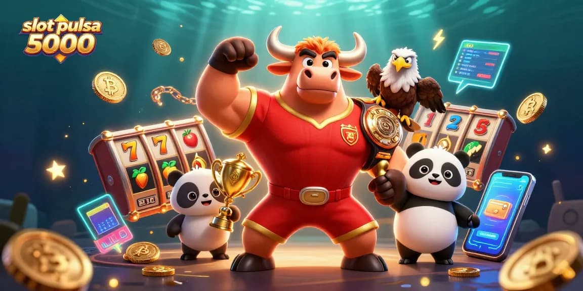 Menangkan slot pulsa 5000 dengan karakter kartun 3D bersinar dalam suasana kasino.