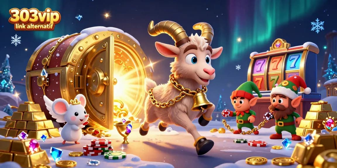 Engage in thrilling gameplay at 303vip link alternatif with festive characters in a lively casino scene.
