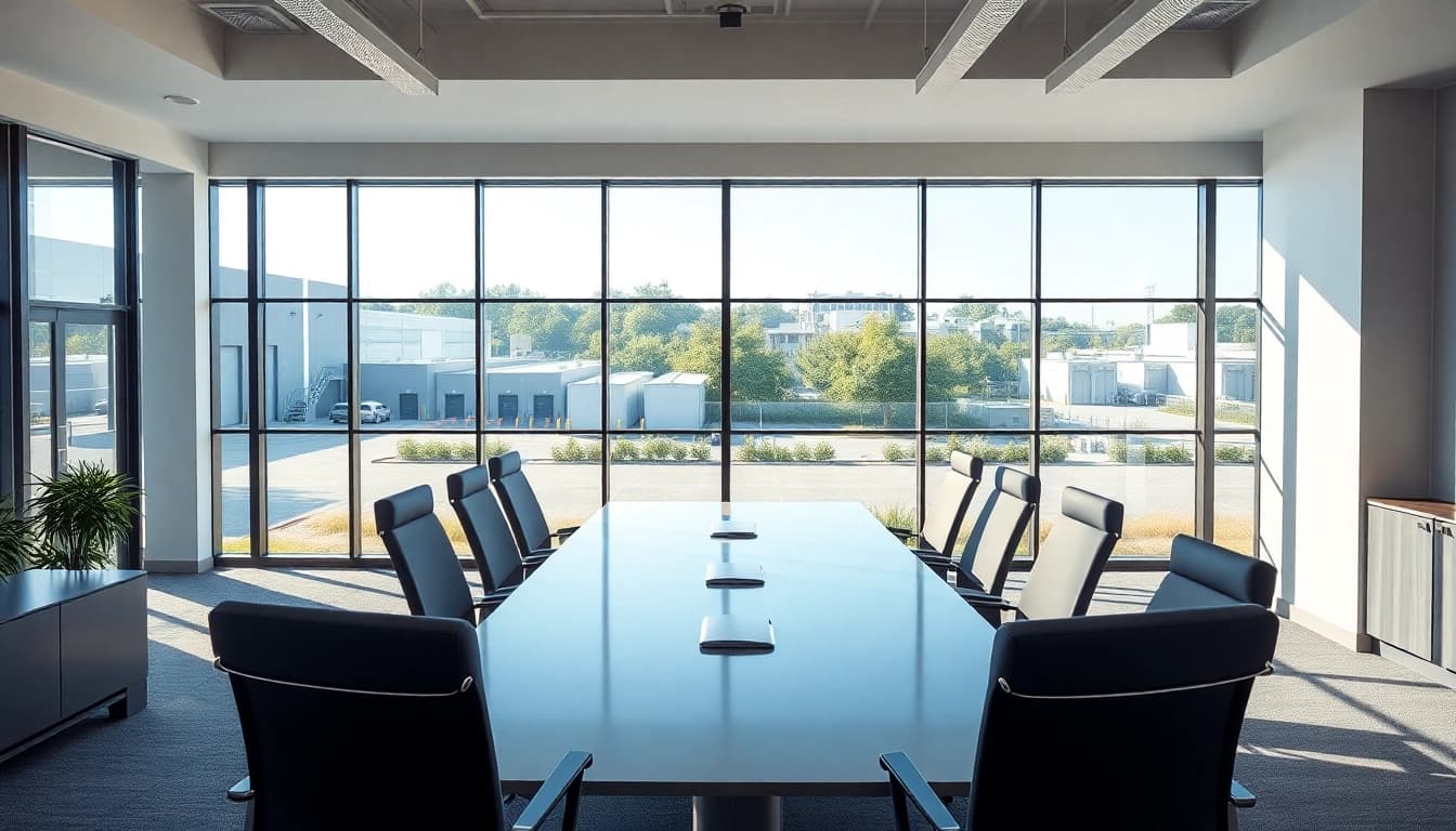 Illustrate industrial leasing office with modern design and industrial views.