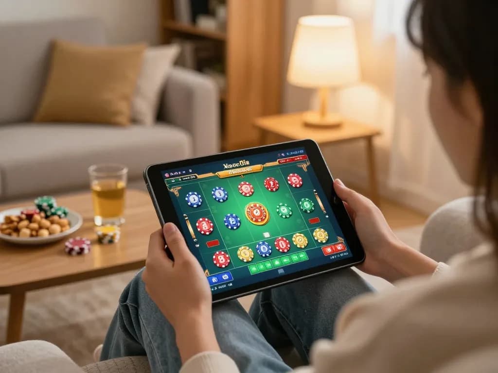Xóc đĩa online gameplay on tablet in a cozy home setting with vibrant visuals.