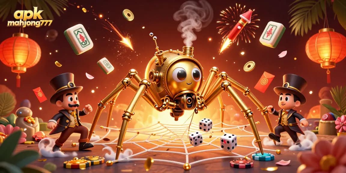 Engage in fun with apk mahjong777, catching dice in a web of golden chains and poker chips.