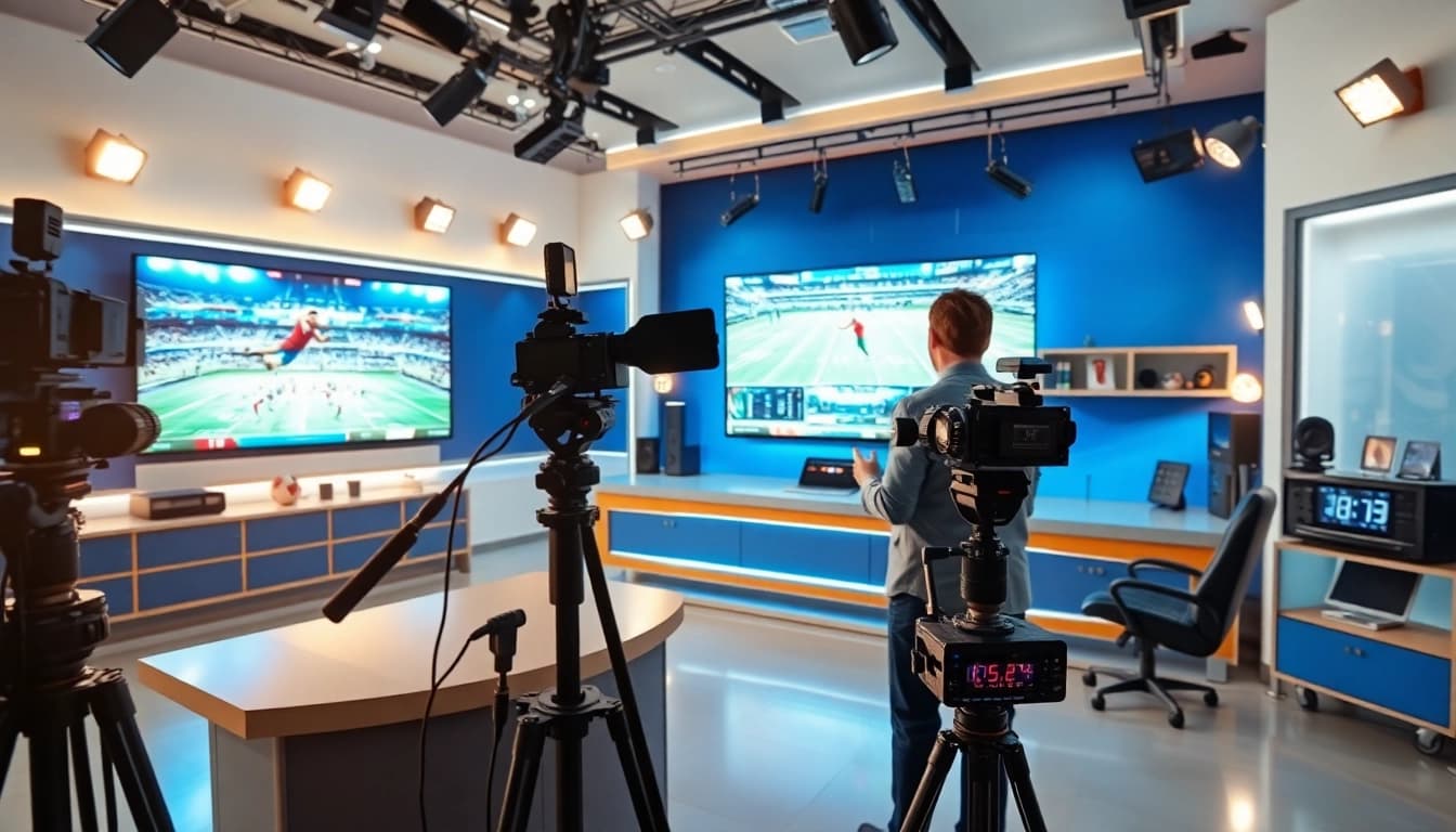 Sports Broadcasting anchor presenting live in a modern studio with vibrant atmosphere.