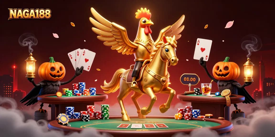 NAGA188 memikat pemain dengan ilustrasi kasino malam, menampilkan karakter unik dan elemen poker yang dinamis.