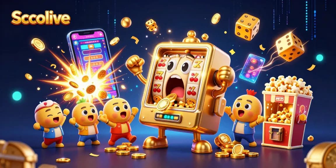Socolive showcases an exciting 3D jackpot scene where a golden slot machine celebrates a big win among cheering baby machines and a popcorn sidekick.