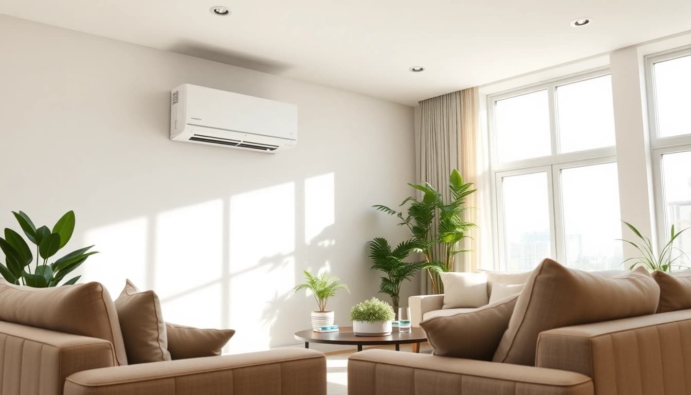 Install a mitsubishi mini split ac in a stylish, modern living room with natural light.