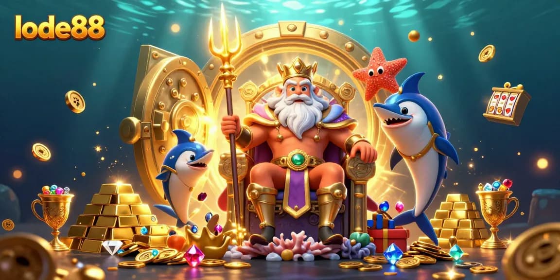 Experience lode88's vibrant underwater casino with Neptune, treasure, and dynamic gaming elements.