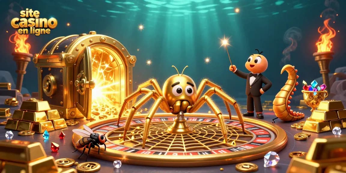 Le site casino en ligne propose une illustration animée d'une araignée d'or et d'un croupier centipède.