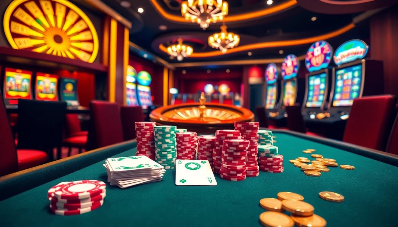 Enjoy an exciting gaming session at Haywin featuring poker chips and a roulette wheel.