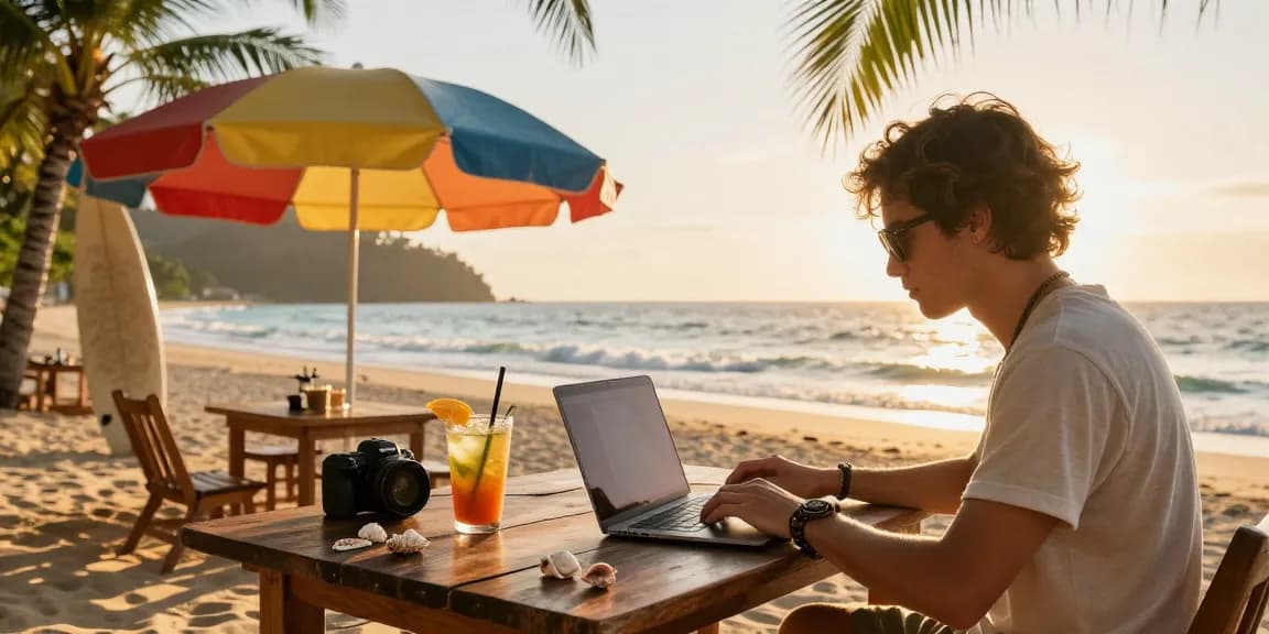 Explore remote work opportunities with https://raja328argent.com/ at a scenic beachside café