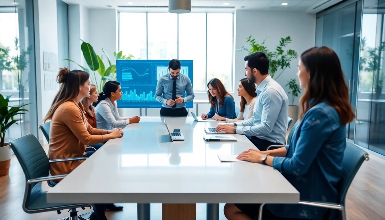 Showcasing an enterprise assistant facilitating collaboration in a modern workspace.