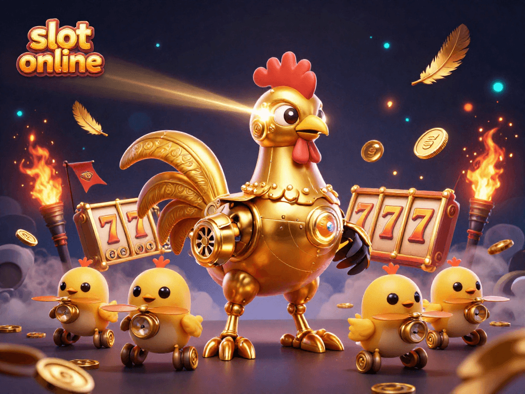Engage with slot online gaming excitement through dynamic illustrations of a futuristic rooster and bonus features.