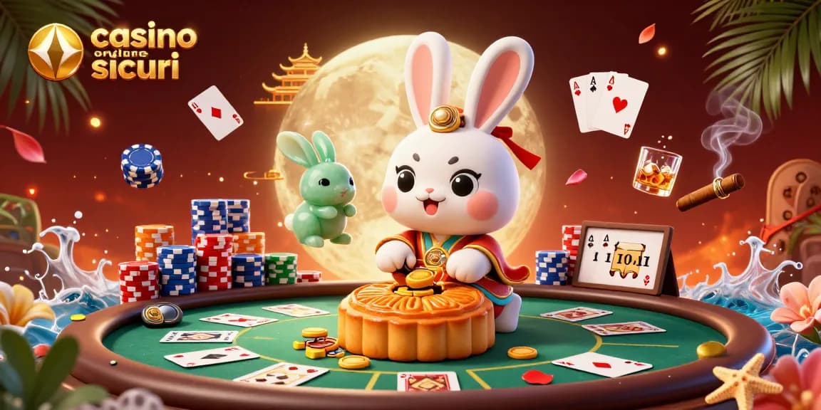 Giocare nei casinò online sicuri mentre un coniglio della luna batte i mooncakes per rivelare chip da poker.