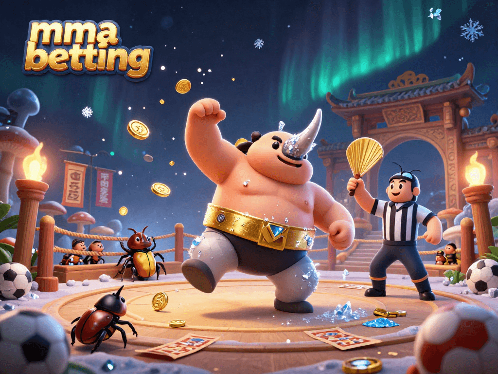 Engage in mma betting excitement with a cartoon rhinoceros beetle champion in an electrifying arena.