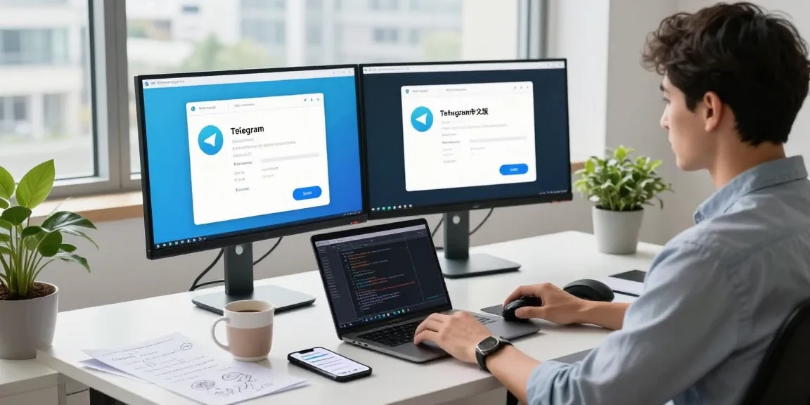 Workspace with developer coding in Chinese Telegram中文版 interface, showcasing a dynamic tech environment.